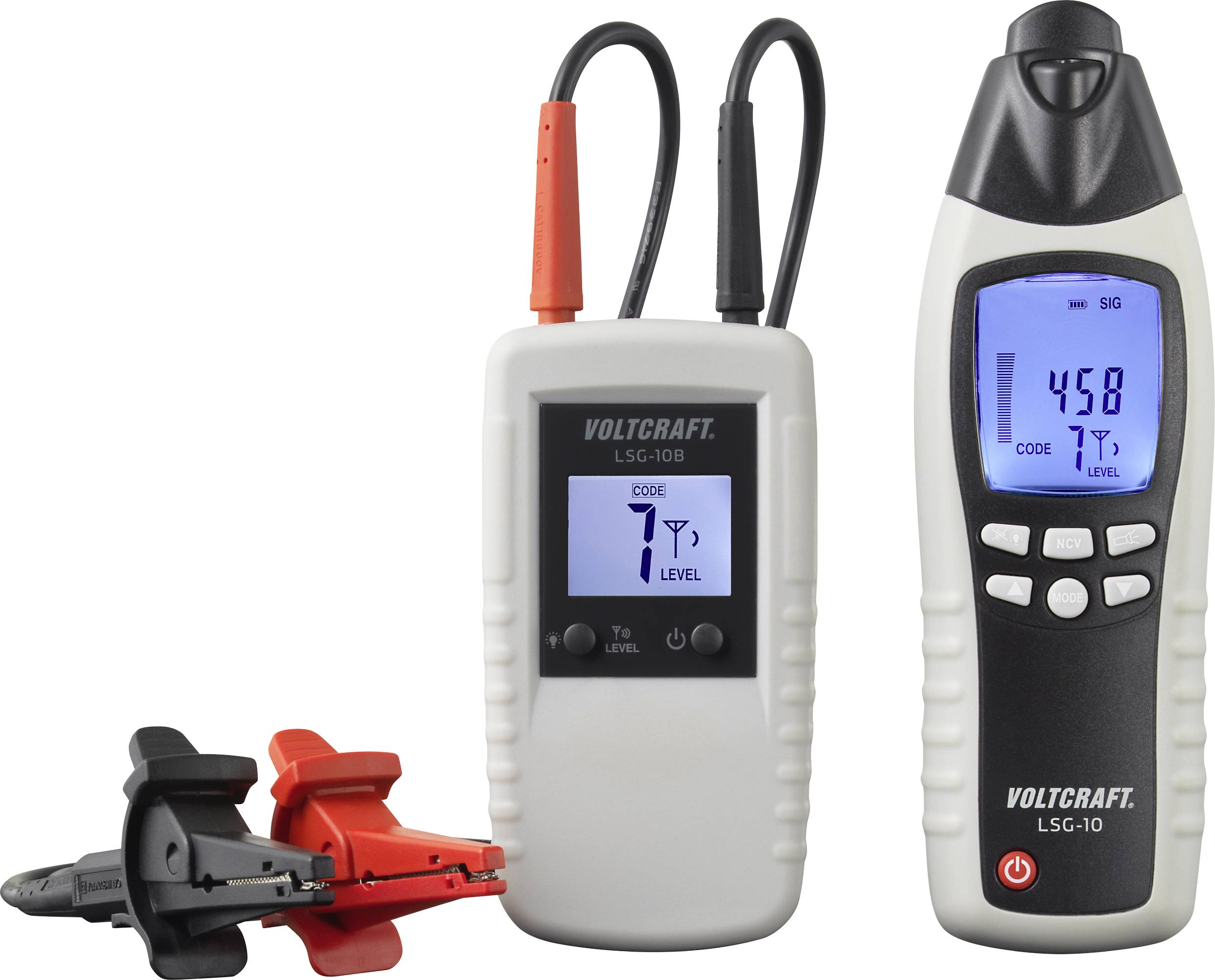 Two electronic devices with LCD displays and cables, one black and one red clip. Displays are showing codes and numbers.