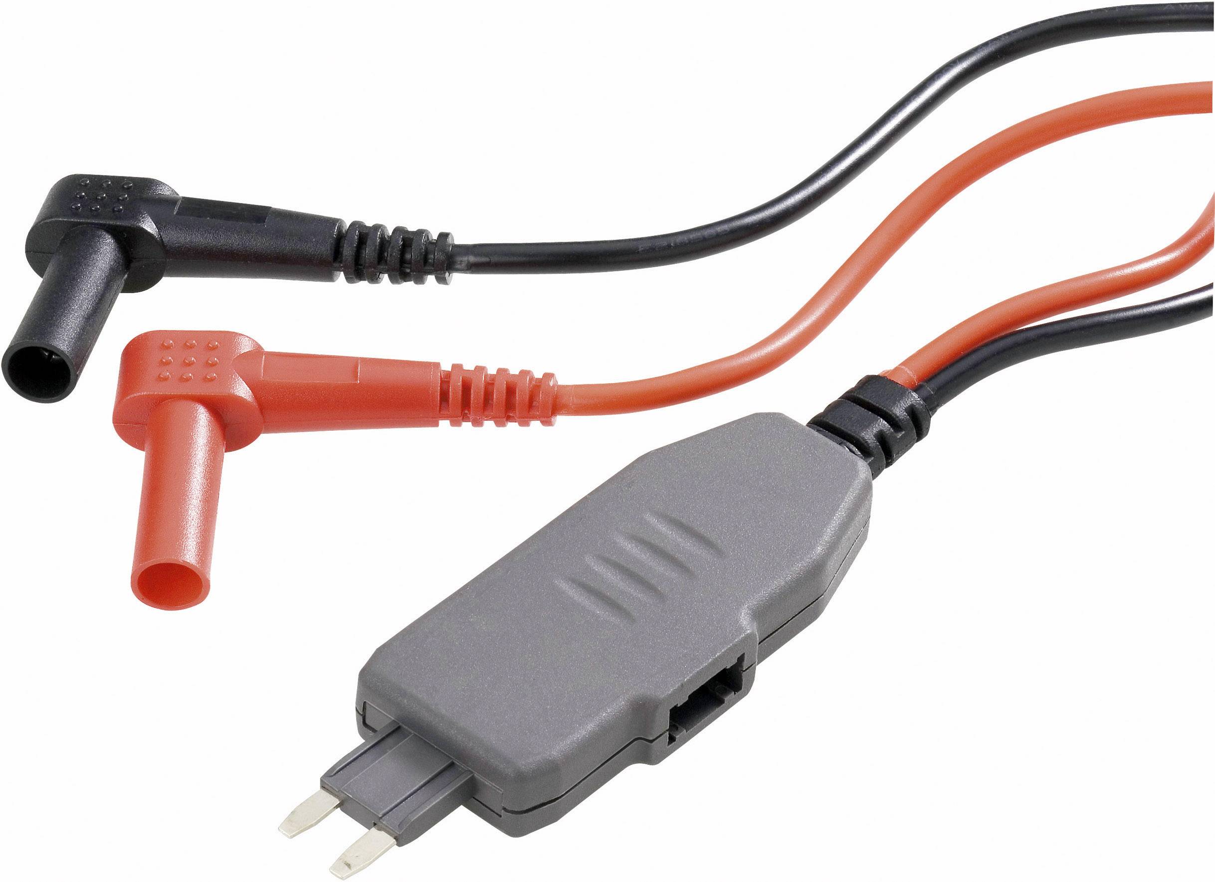 A black and a red measuring cable with a grey casing, each with a metal tip for electrical connection.