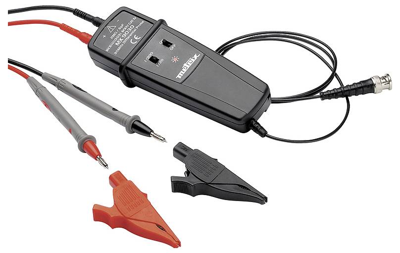 A differential probe with two test probes and crocodile clips, suitable for signal testing in electrical circuits.