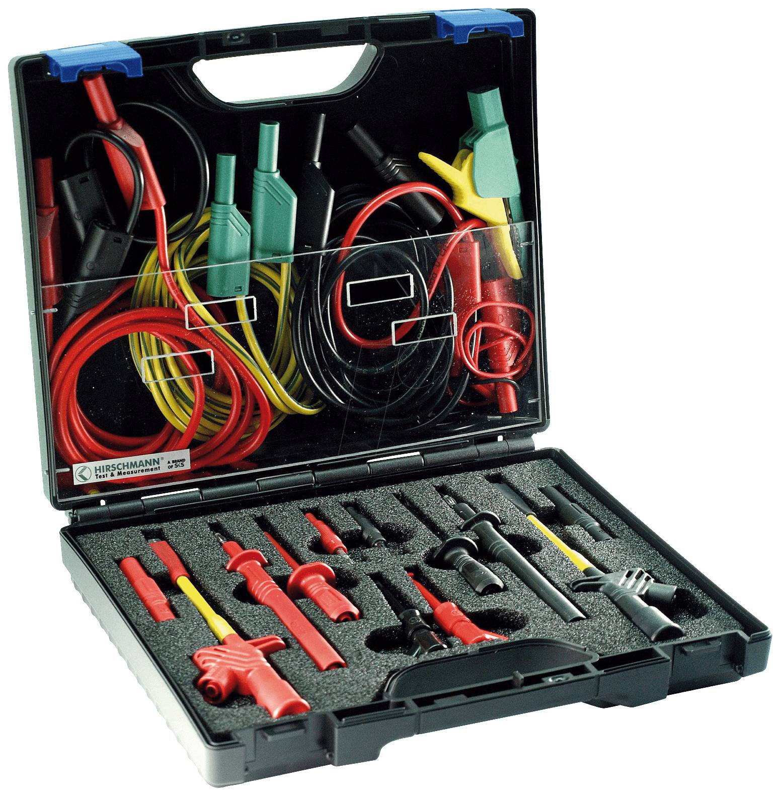 A foldable case with various coloured measuring cables and measuring accessories, including clamps and plugs, for electrical testing.