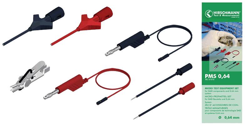 Various measurement lead sets with crocodile clips and test probes in red and black. Packaging on the right shows the product image.