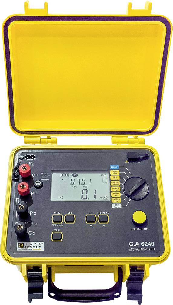 Portable micro-ohmmeter in a yellow casing with digital displays and a rotary dial for measuring small resistances.