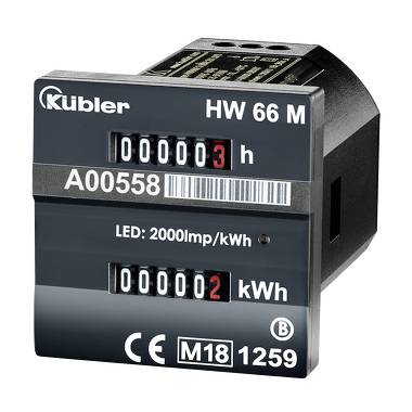 Kübler HW 66 M hour meter and energy counter display, showing 000003 h and 000002 kWh with barcode and model markings.