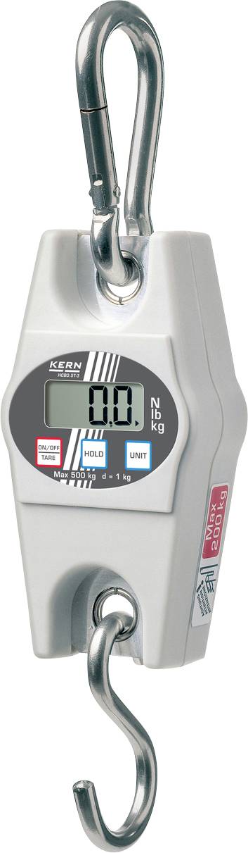 Digital hanging scale with hook, displaying a weight of 0.0 kg. Brand name and controls are visible.