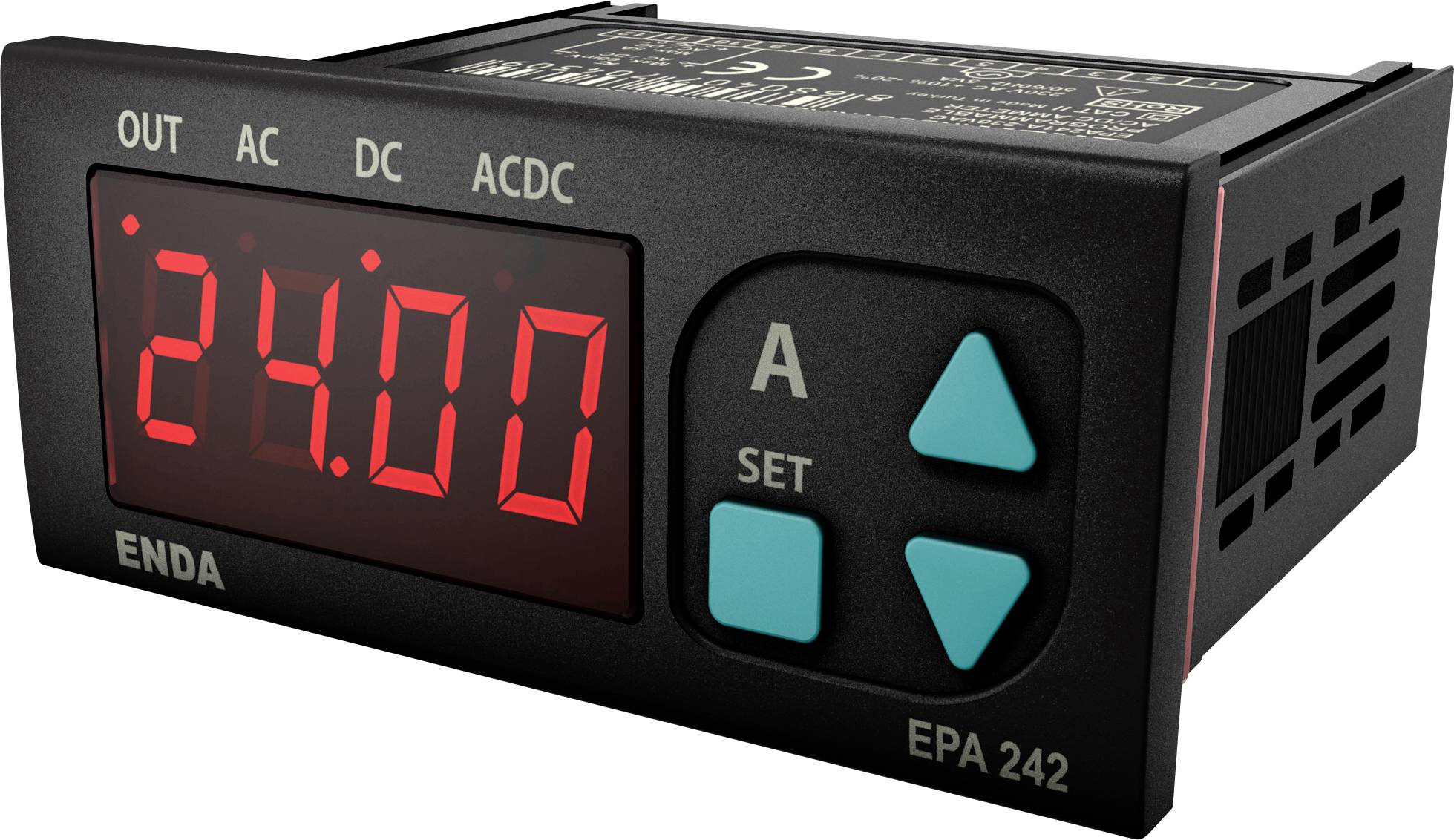 Digital display device with large red numbers '24.00', setting buttons marked with 'A SET', and model number 'EPA 242'.