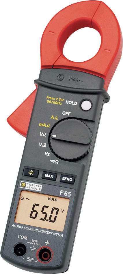 Compact digital clamp meter with display showing '65.0V'. Suitable for measuring alternating current and voltage.
