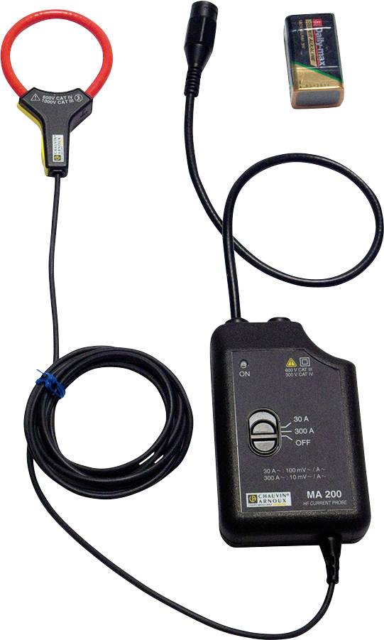 A current clamp with a red measuring loop, black control unit and battery. Suitable for current measurements up to 300 A.
