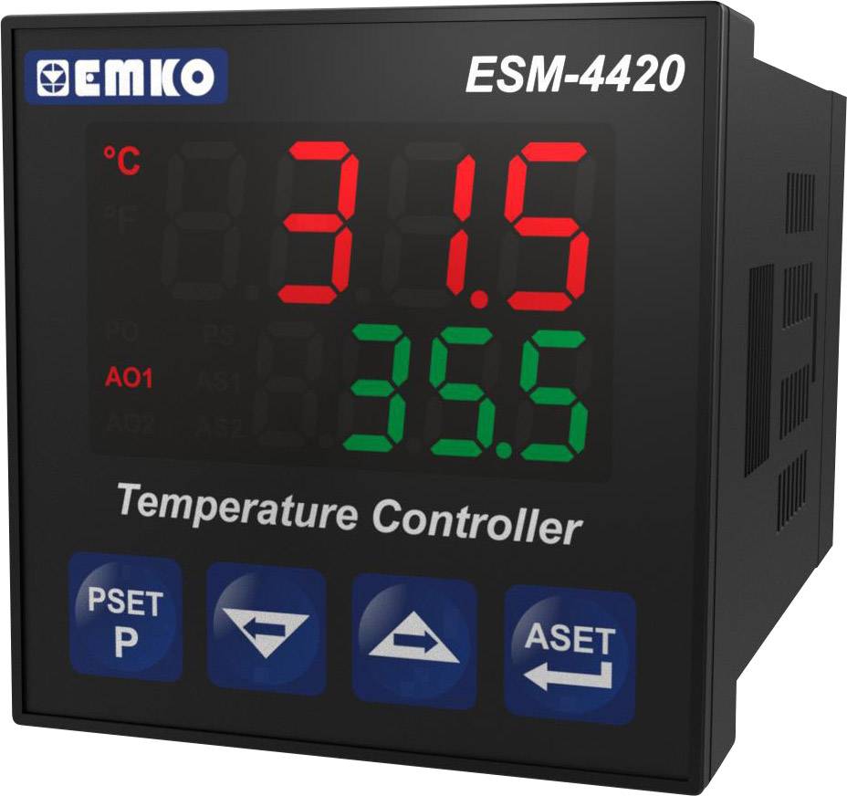'EMKO ESM-4420 Temperature Controller' displays current temperature of 31.5 °C in red, setpoint of 35.5 °C in green, and control buttons below.