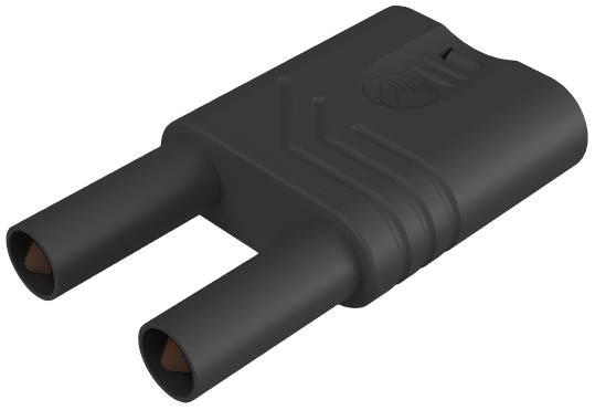 Black electric double plug with two parallel pins used for connecting cables or devices.