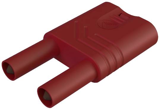 A red two-pin plug with parallel pins, suitable for electronic connections.