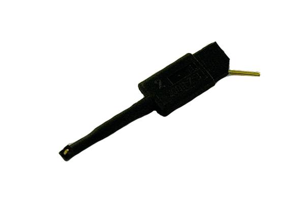 A black electrical power connector with a golden pin, used in electronic devices for power transmission.