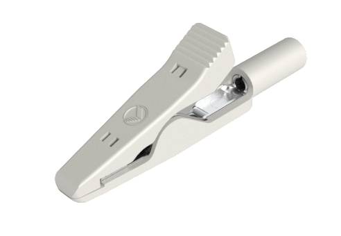 A metallic crocodile clip with a serrated top surface, suitable for securing items or holding cables.
