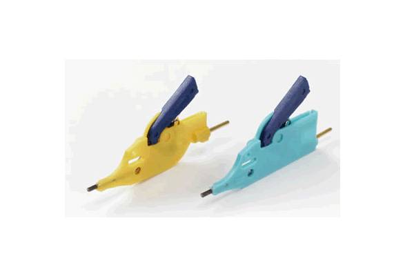 Two coloured devices, yellow and blue, with handles that resemble manual tools, likely used for cutting or deburring.