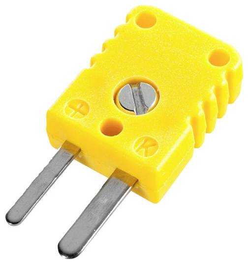 Yellow thermocouple connector with two metal prongs and a screw in the center.