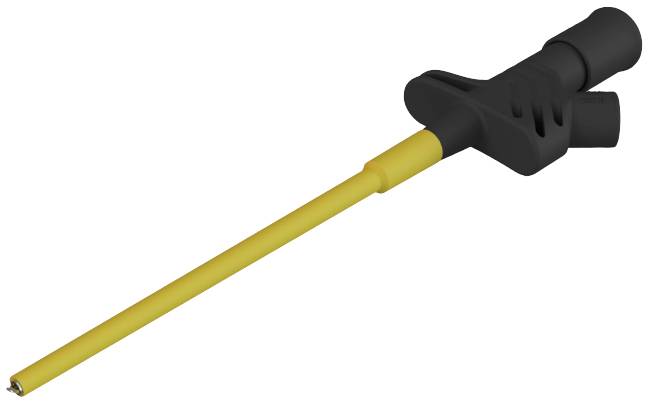 A surgical instrument with a long, yellow shaft and a black, ergonomic handle.