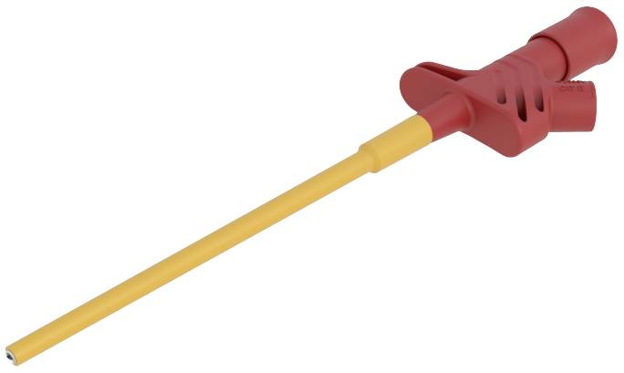A red and yellow tool with an elongated handle and a narrow tip, possibly used for mixing or spreading substances.