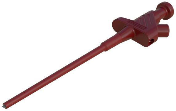 A red medical instrument that looks like a long, slender probe with a handle and two lateral connectors.