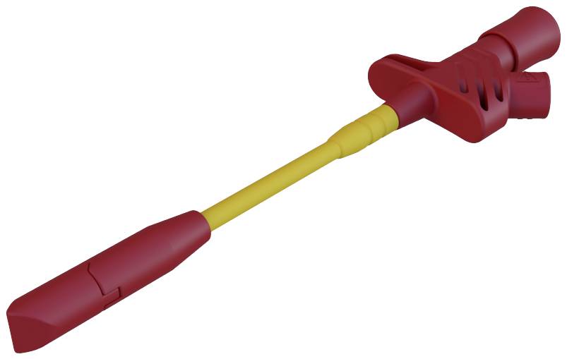 A red and yellow plastic screwdriver with an ergonomic handle lies on a white background.