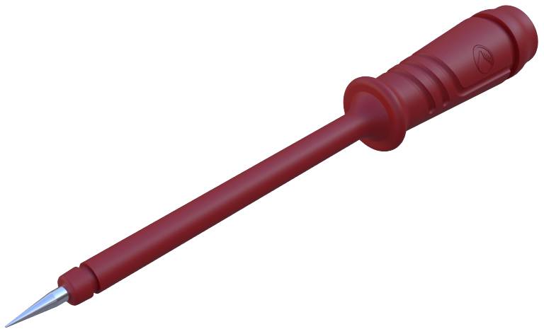 A red voltage tester with an insulated handle and sharp metal tip for electrical voltage detection.