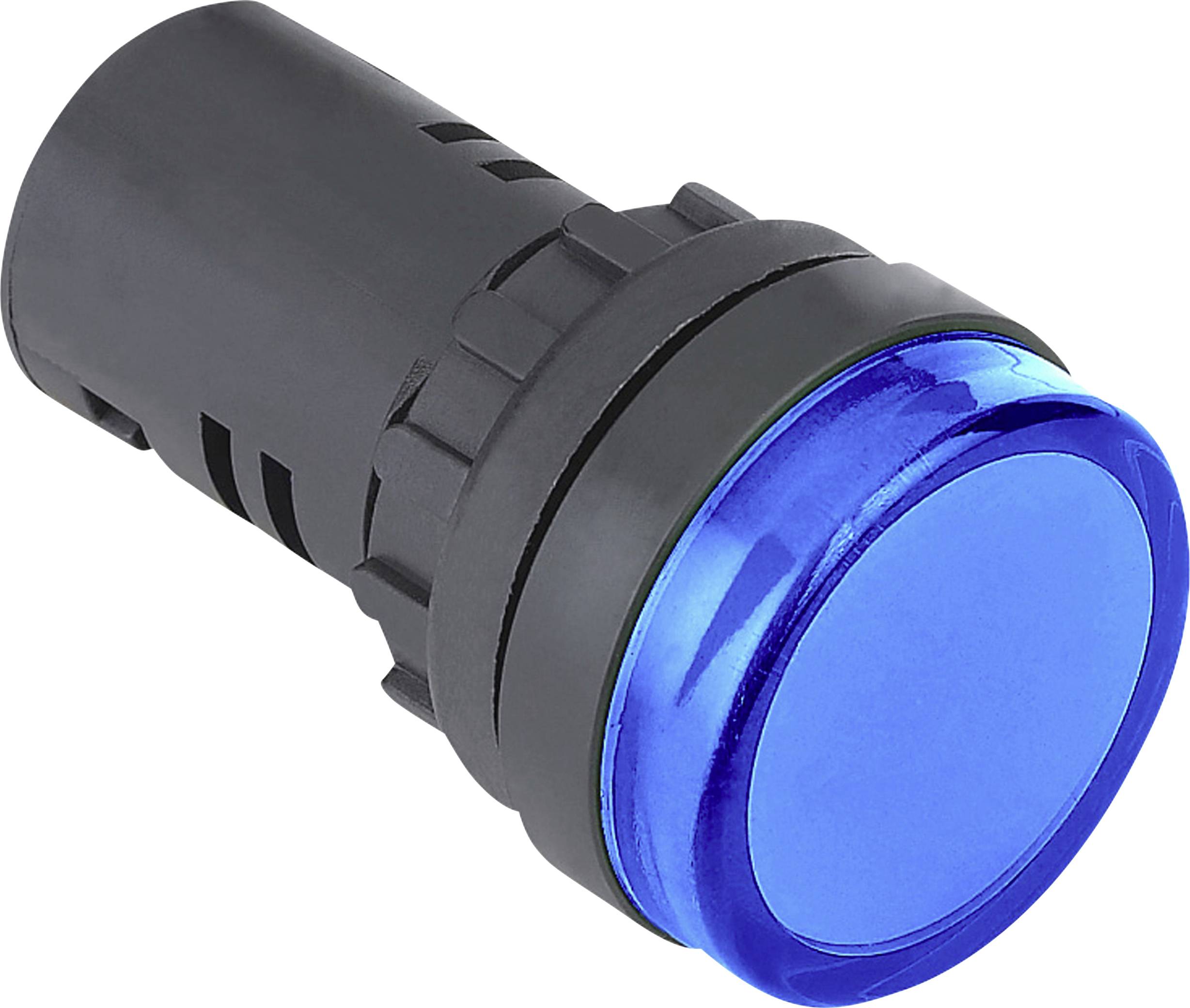 Blue round push button with black bezel, commonly used for machine controls.