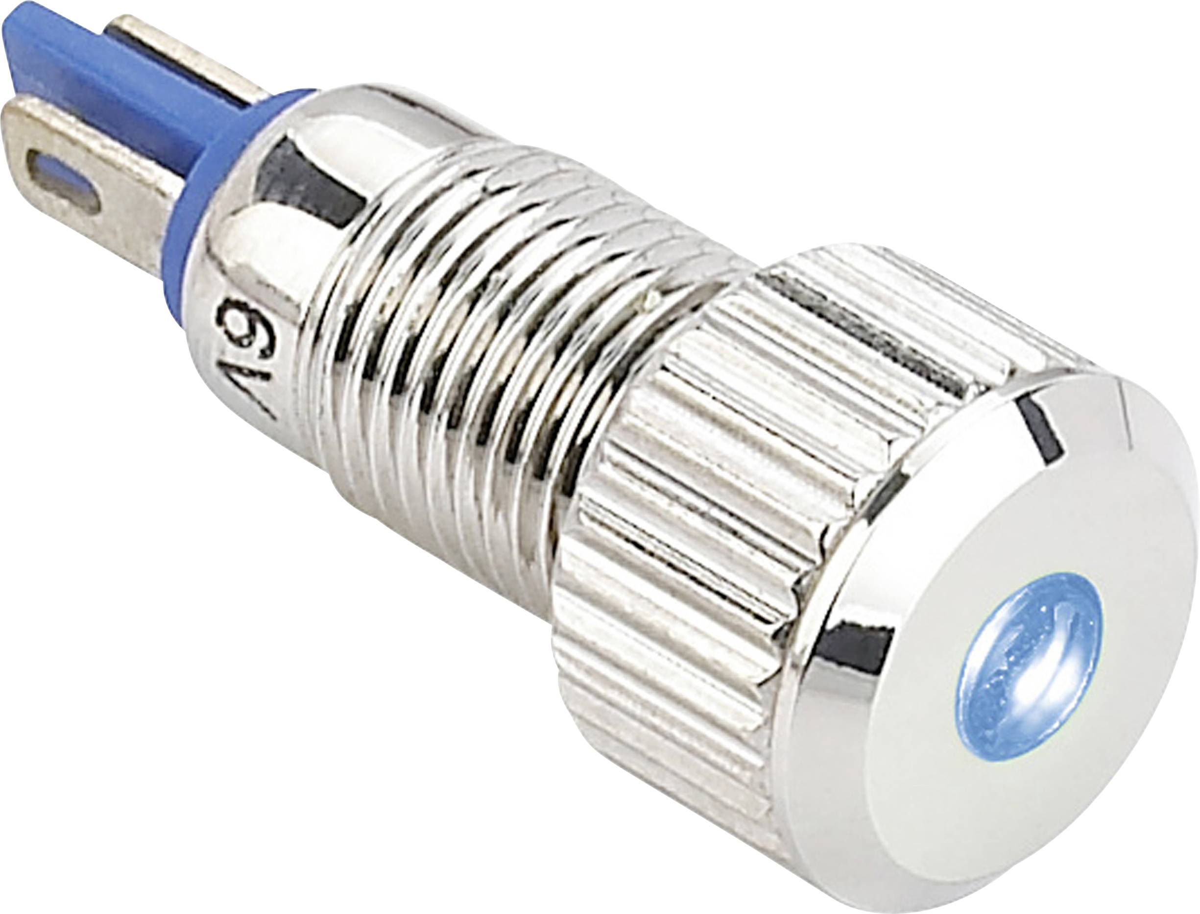A silver metal button with a blue LED indicator shows the operational status.
