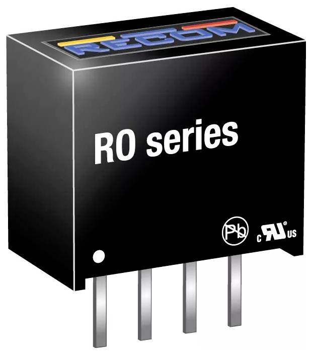 'Recom RO series' black electronic component with four metal pins, featuring safety compliance symbols.