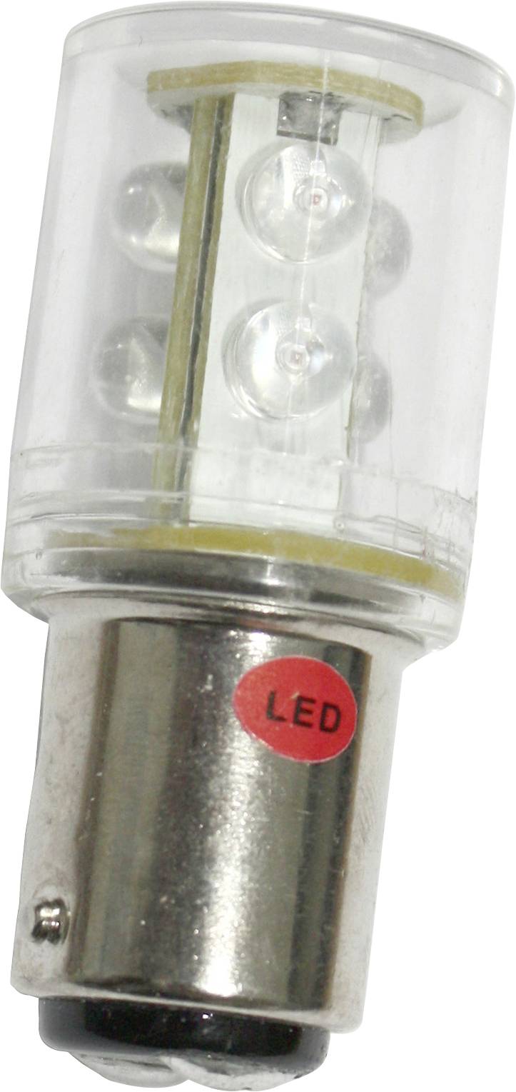A LED light bulb with a metallic base and transparent casing shows several small LED lights inside.