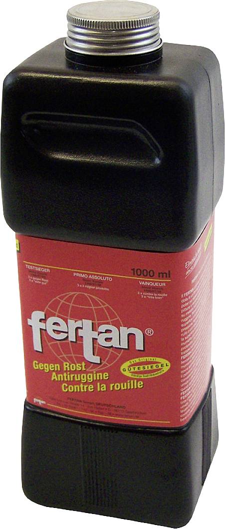'Fertan Rostentferner-Flasche mit rotem Etikett und schwarzem Schraubverschluss, 1.000 ml, beschriftet mit 