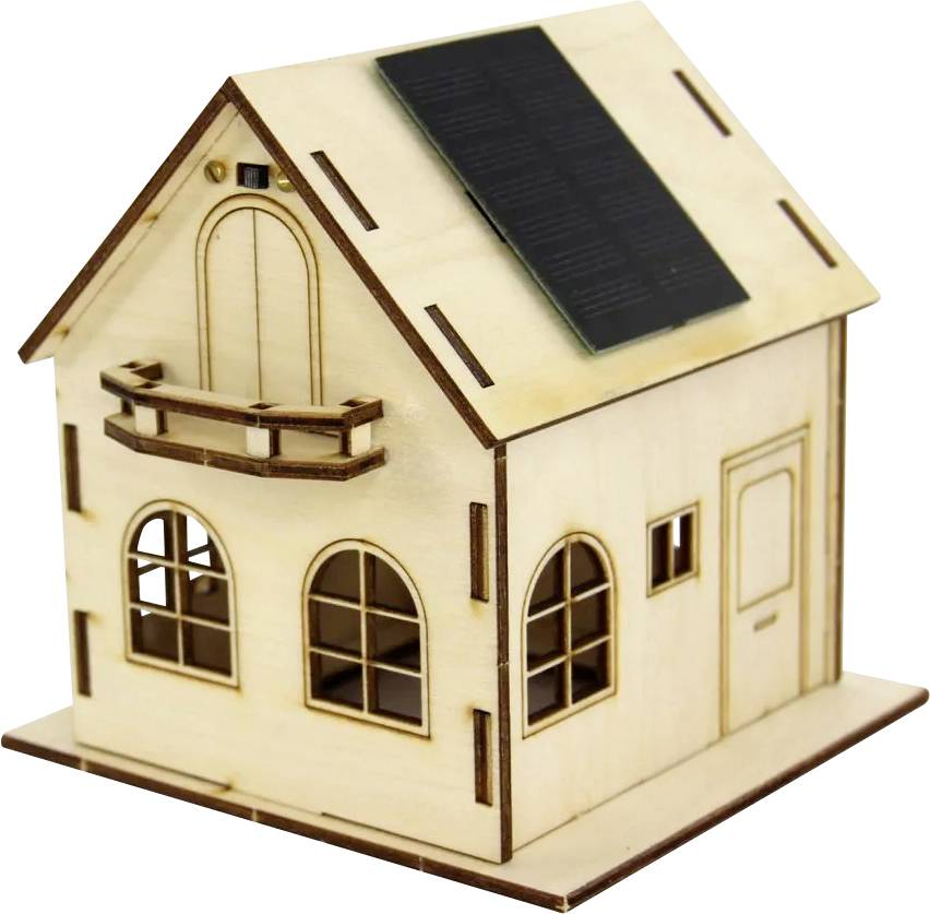 Small wooden model house with arched windows, balcony, and a black solar panel on the roof, shown against a white background.