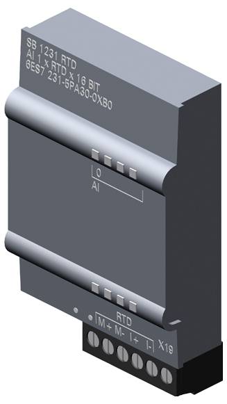 'SIEMENS SB 1231 RTD' module in gray, showing slots for inserting wires, labeled for RTD connections, model '6ES7 231-5PA30-0XB0'.