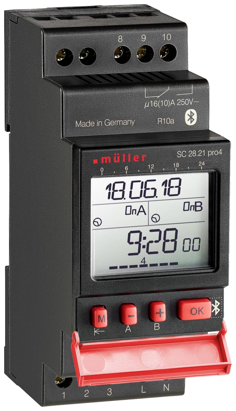 Digital timer with display showing date '18.06.18' and time '9:28:00'. Setting buttons are visible.