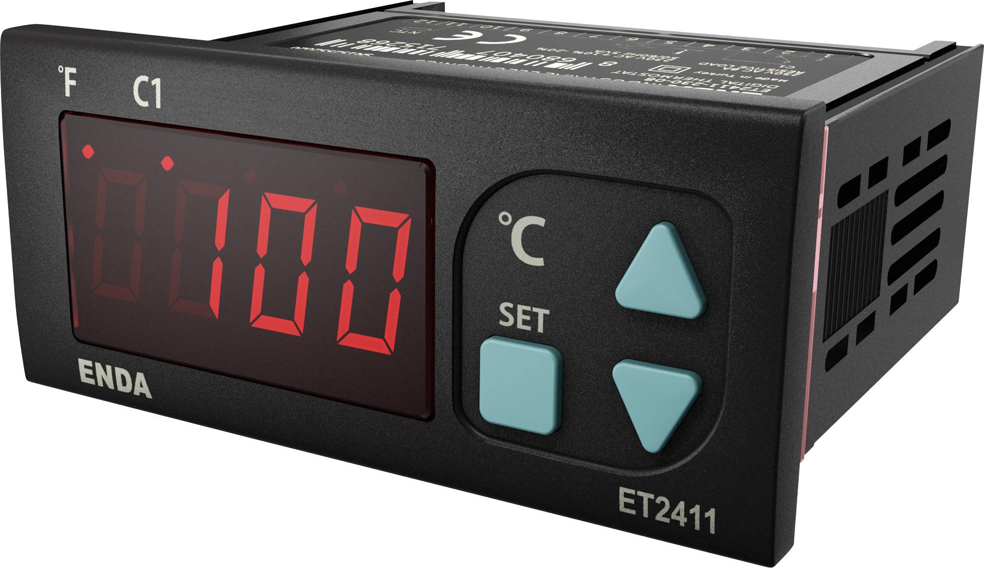 Digital thermostat with LED display showing '100' degrees Celsius. Temperature control buttons visible.