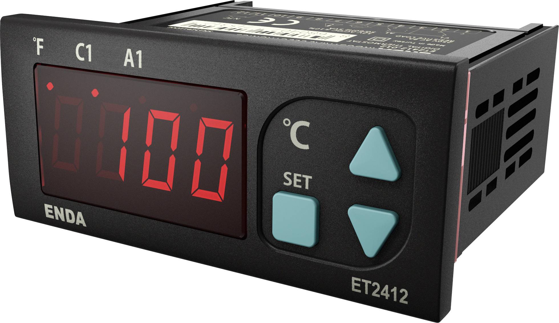 Digital temperature controller with display '100 °C', buttons for settings and model number ET2412.