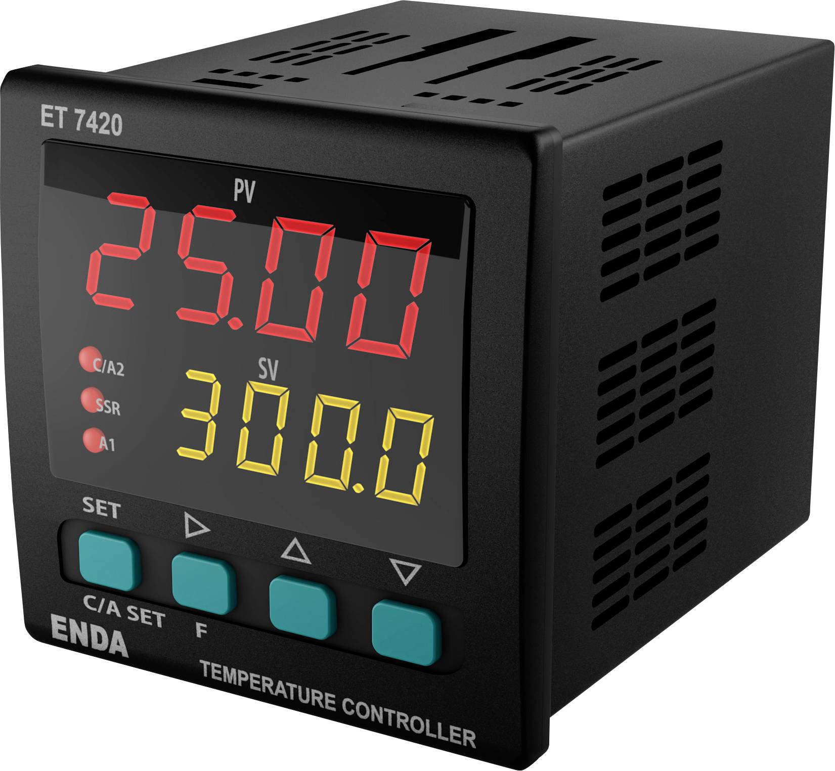 Black temperature controller with digital display. Reading: 'PV 25.00', 'SV 300.0'. Brand name below. Control buttons underneath.
