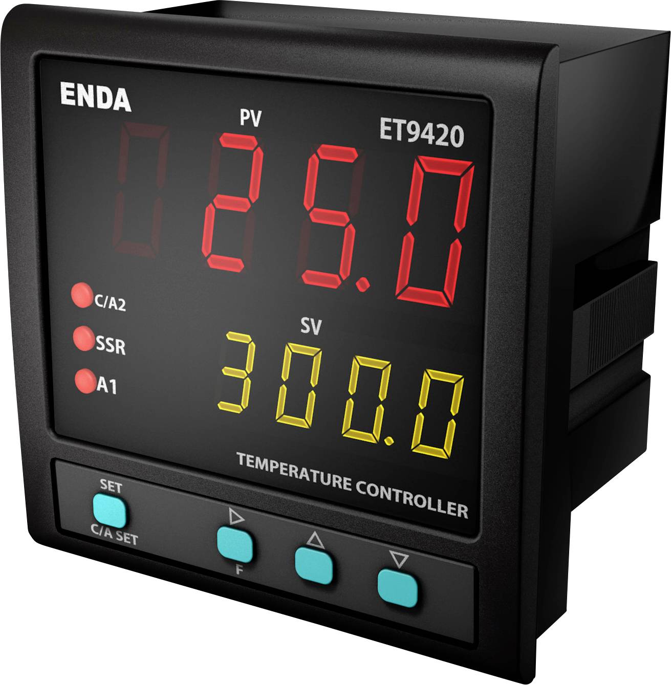 Digital temperature controller with display showing PV 285.0 and SV 300.0, with five buttons for configuration.