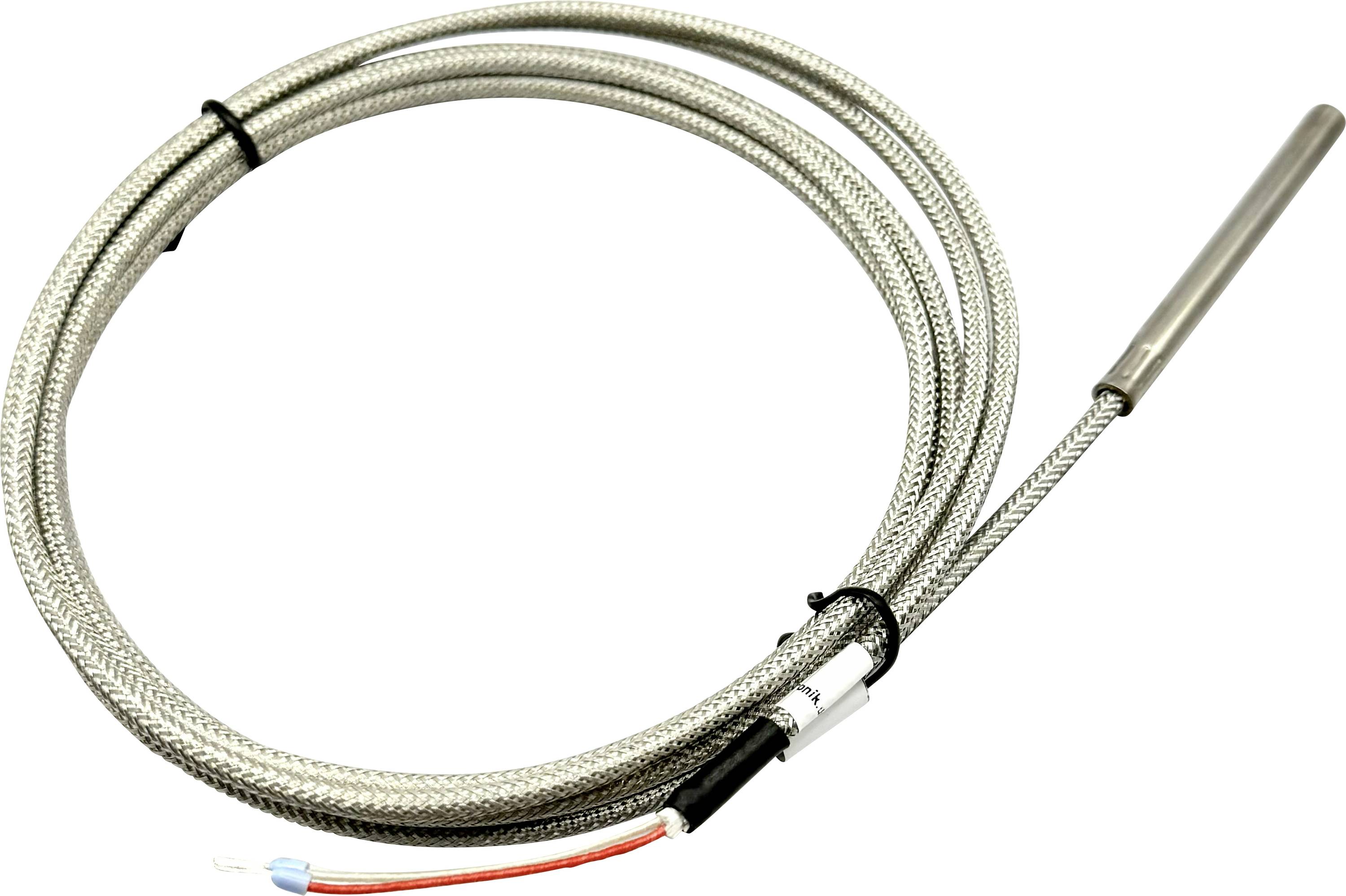 A metal thermocouple with a braided wire sheath is coiled, featuring exposed blue and white wires at one end for connections.