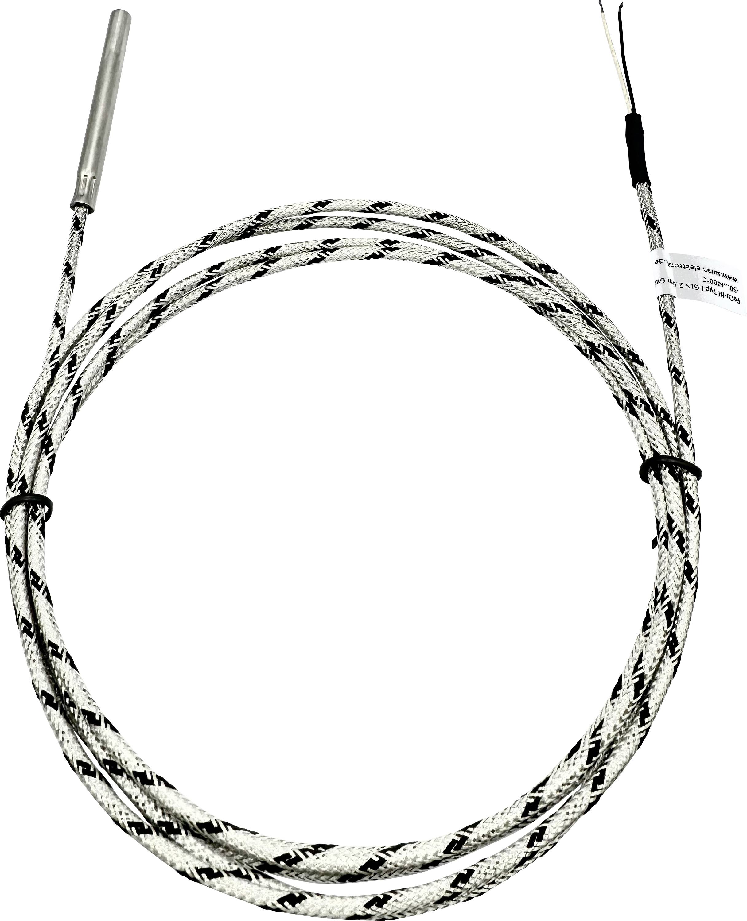A braided temperature sensor probe with twisted wires, featuring a metal tip for accurate readings, used in industrial applications.