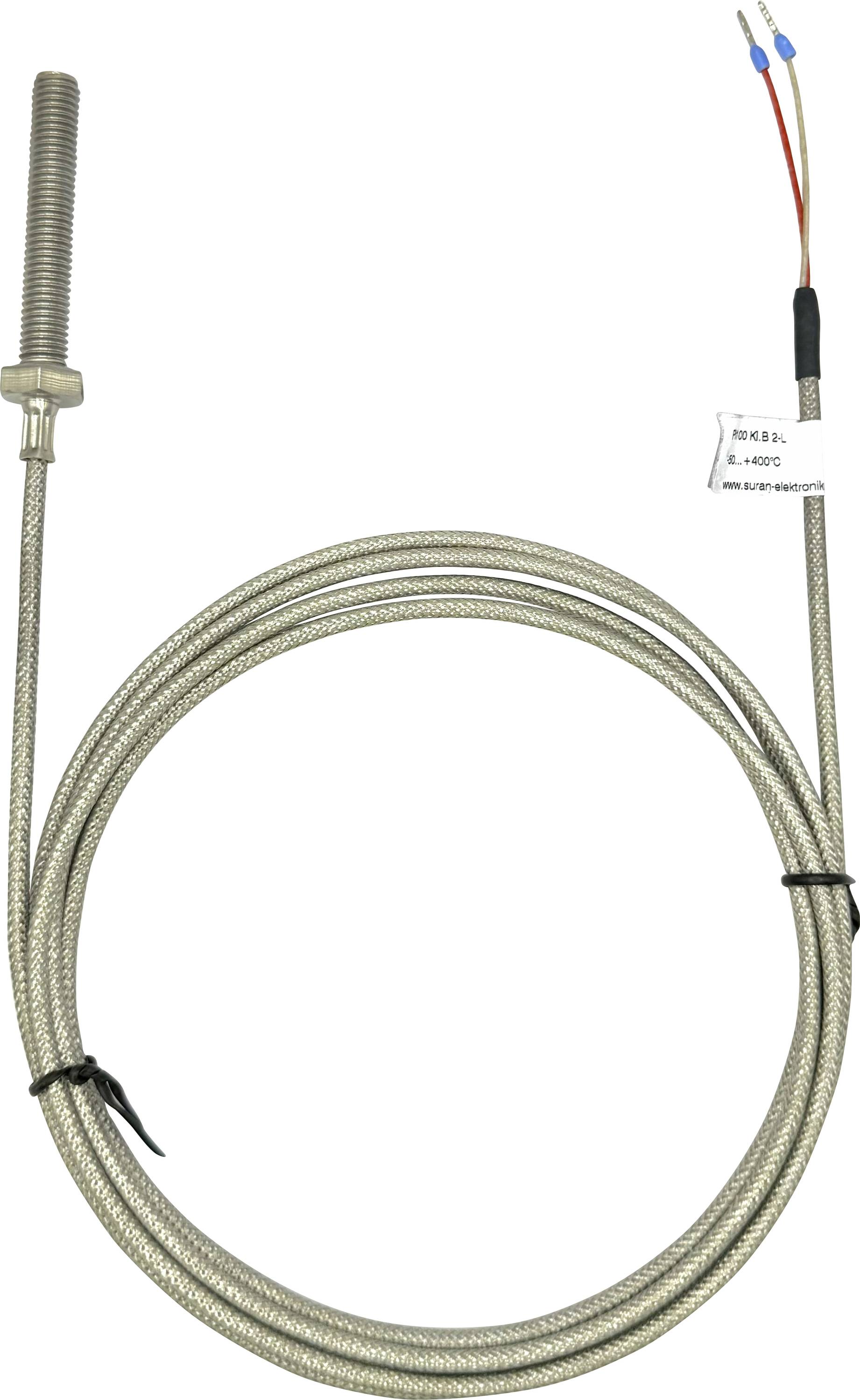 A coiled metallic thermocouple with a probe and two exposed wires, used for measuring temperature in industrial applications.