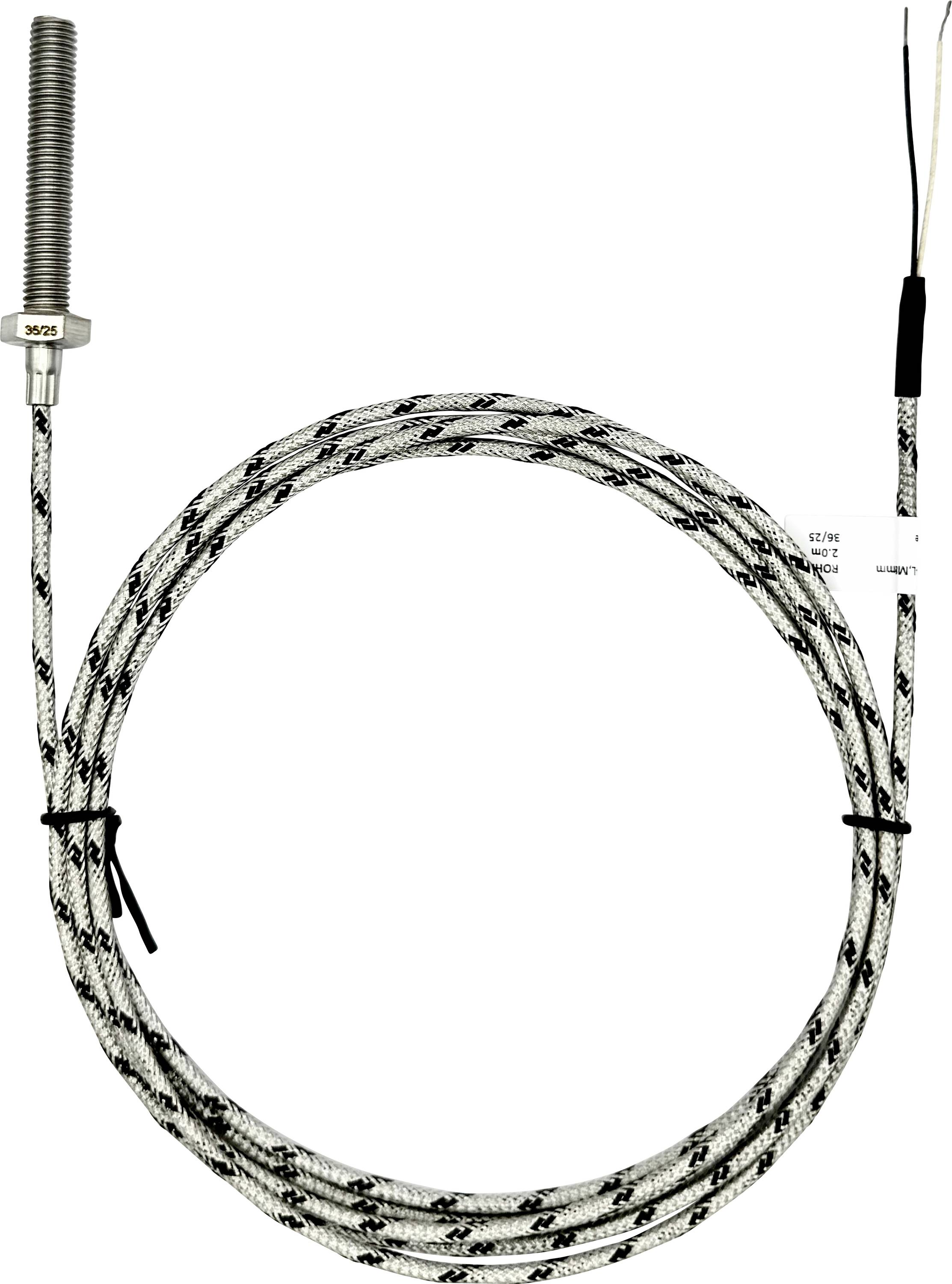 A coiled white and black braided electrical cable with a metal connector on one end and stripped wires on the other.