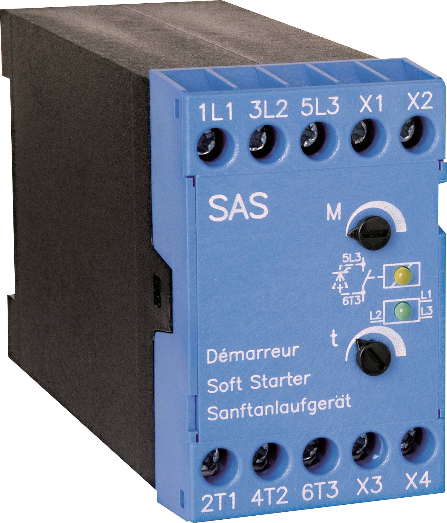 Blue SAS soft starter module with labeled terminal connections and adjustment knobs on a black housing.