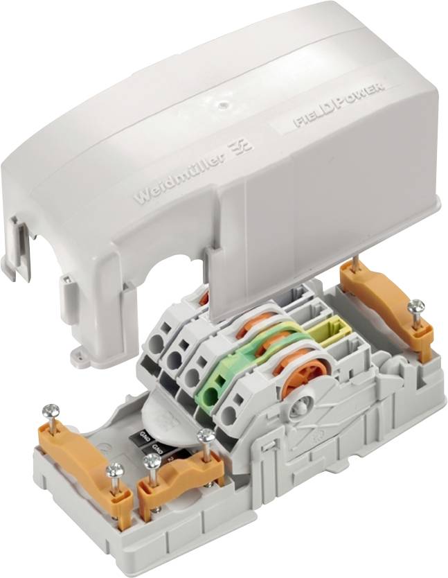 Wiring module with an open, mounted housing. Colour-coded terminals for easy connection visible.