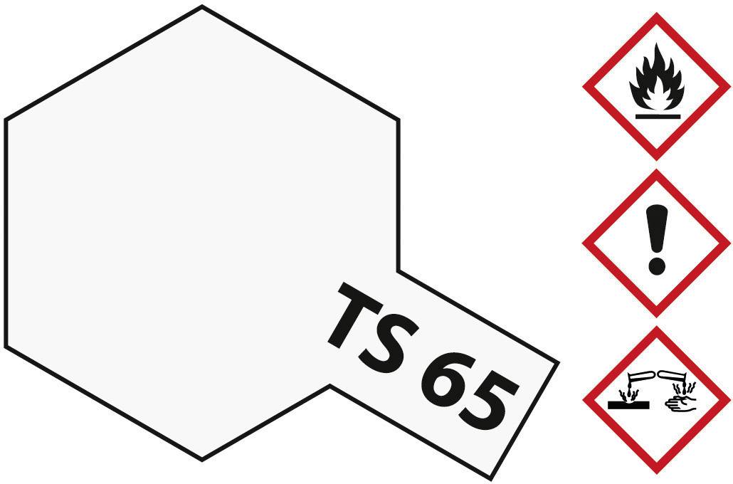 Hexagon with text 'TS 65'. Three hazard symbols to the right: flame, exclamation mark, corrosive liquid. Chemical hazard labelling.