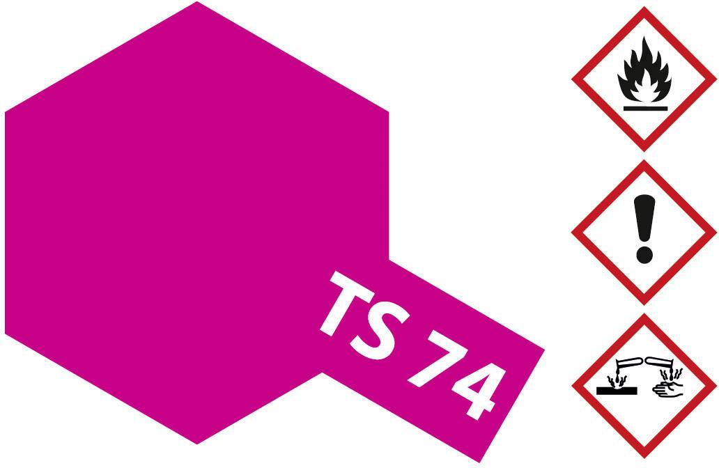 A pink label with the inscription 'TS 74'. On the right are three hazard symbols: flame, exclamation mark, and corrosive substances.