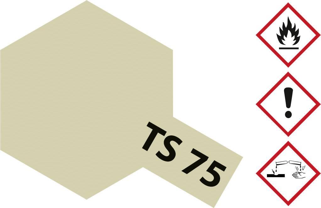 Hexagon inscribed with 'TS 75', alongside three hazard symbols: Flame (flammable), Exclamation mark (danger), and Hand with liquid (corrosive).