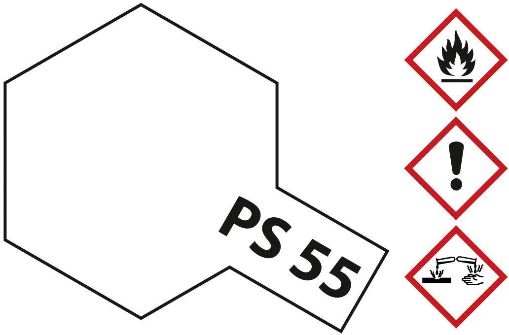 Chemical structural formula with 'PS 55'. On the right, safety symbols: flame, caution, and corrosive, indicating hazardous substances.