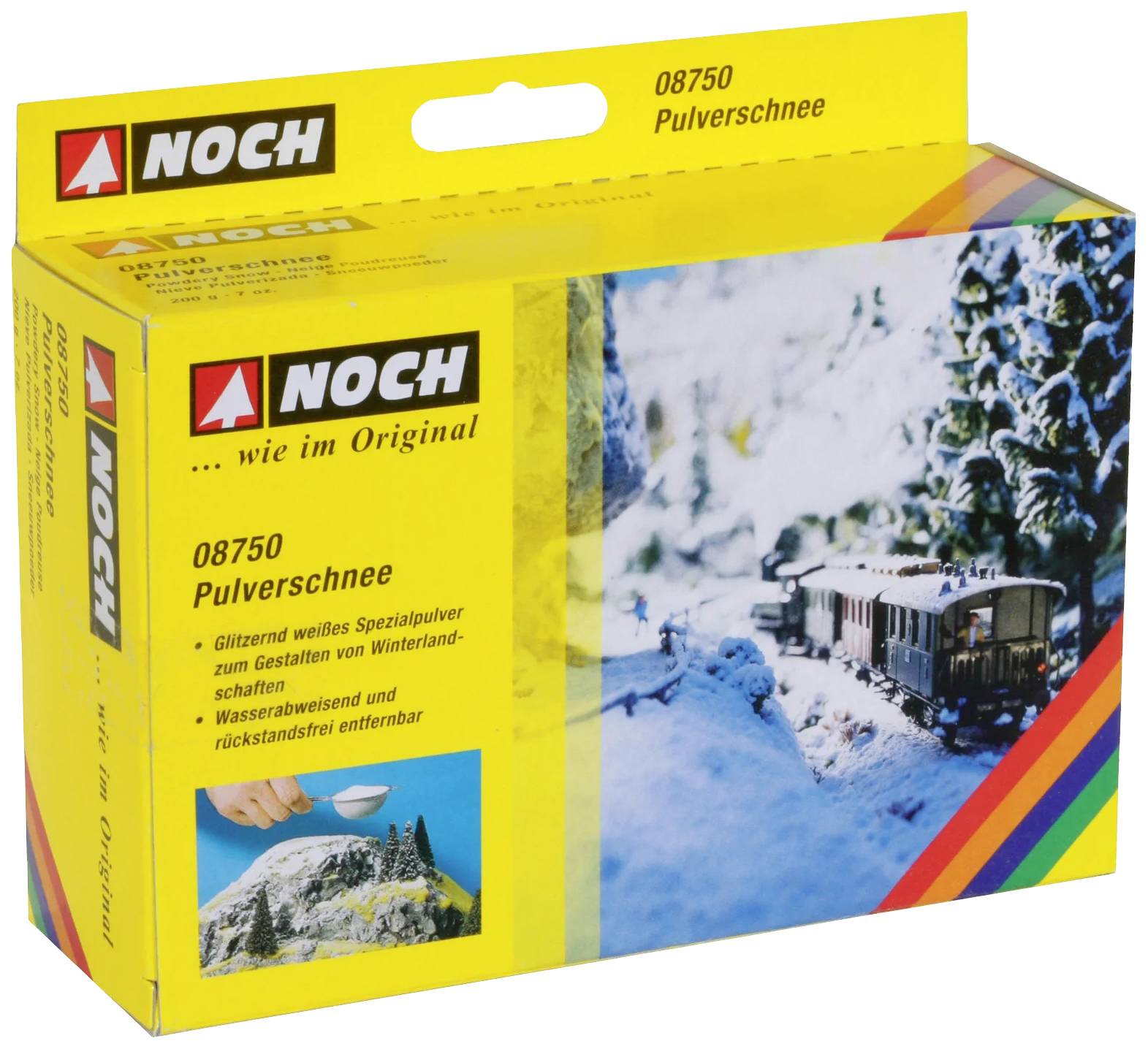 Cardboard box with inscription 'Pulverschnee 08750' shows a snow-covered landscape with a model railway. Supplement for model landscapes.