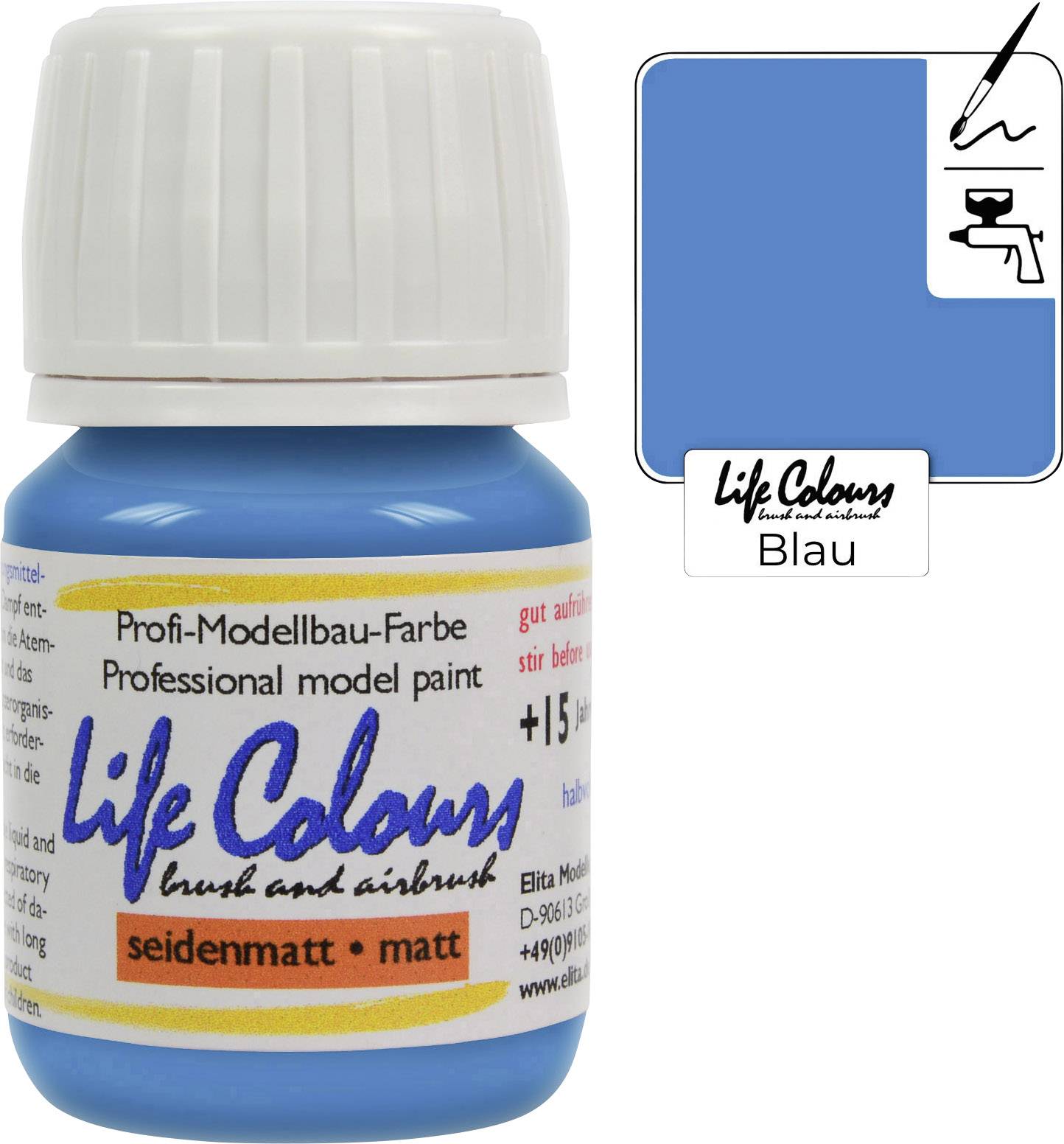 A bottle of blue model paint with a silk-matt and matt surface, suitable for brush and airbrush.