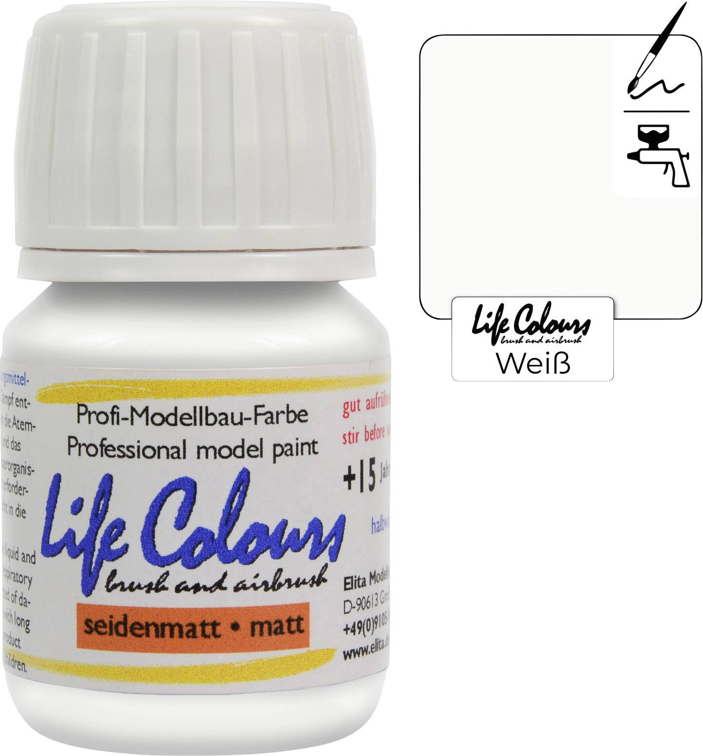 Professional model-making paint in white, silk-matt, suitable for brush and airbrush.