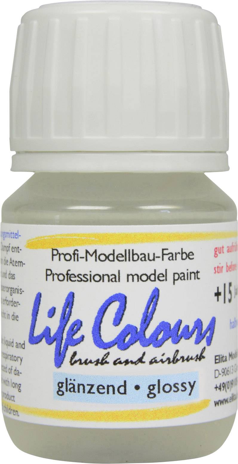 Bottle labelled 'Life Colours', professional model-making paint for brush and airbrush, glossy finish.