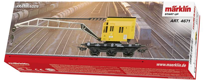 Packaging for Märklin Start Up train accessory, featuring a model yellow crane car on train tracks, item number 4671.